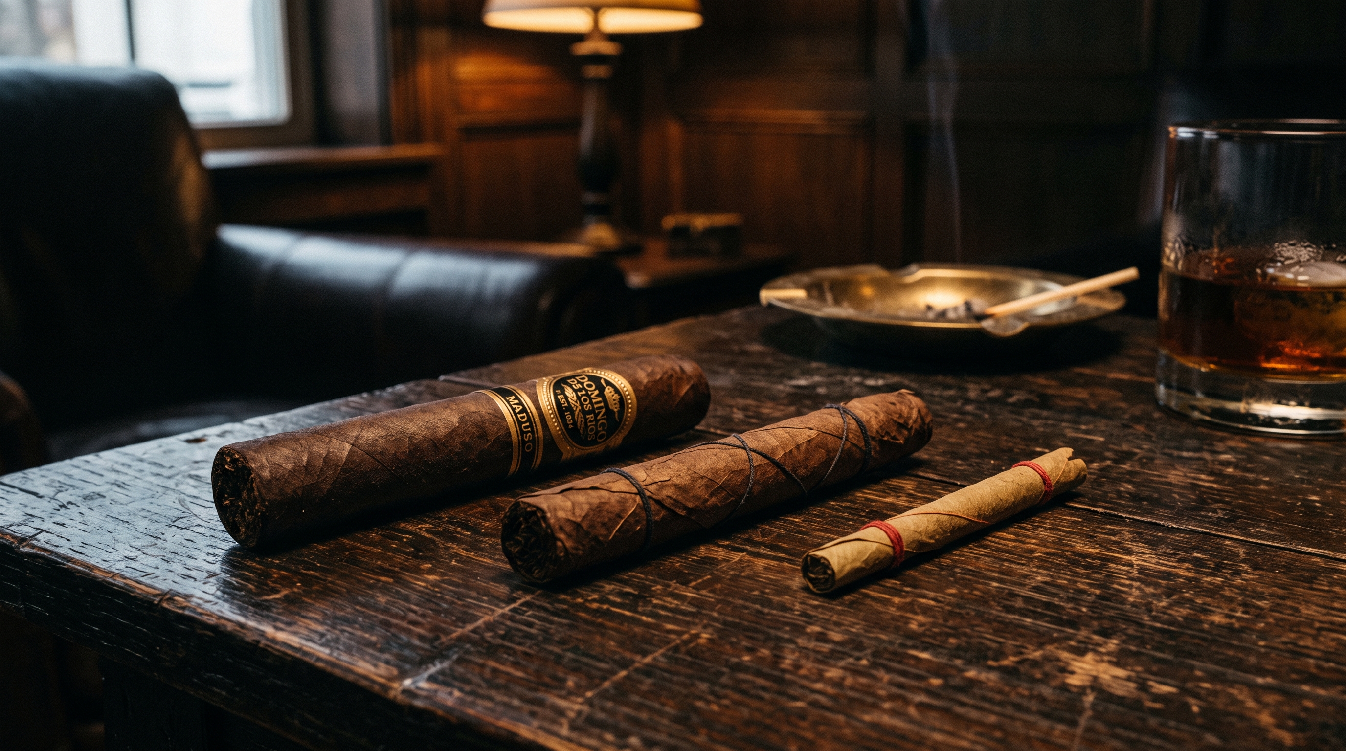 A cigar, a leaf-wrapped suruttu, and a pale bidi tied with red thread arranged on a wooden table in a dim lounge