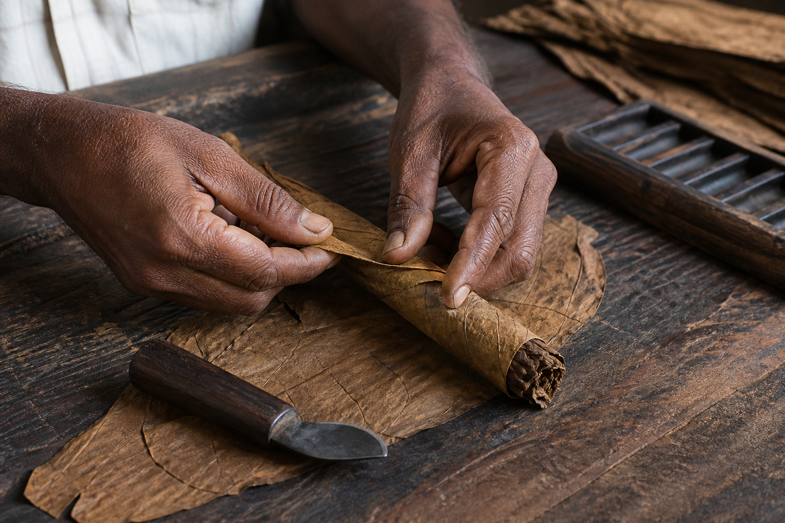 Close view of an artisan's hands wrapping tobacco leaf around the long-leaf filler of an unlit cigar on a wooden workbench