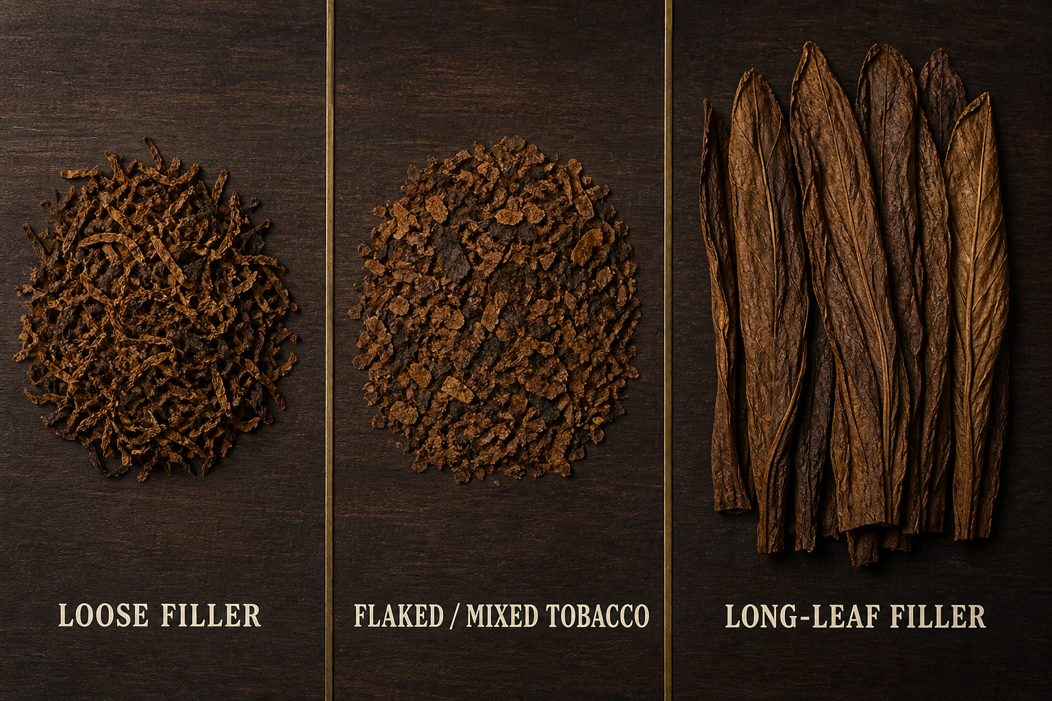 Labelled comparison of loose shredded tobacco filler, flaked or mixed tobacco, and intact long-leaf cigar filler arranged in three columns